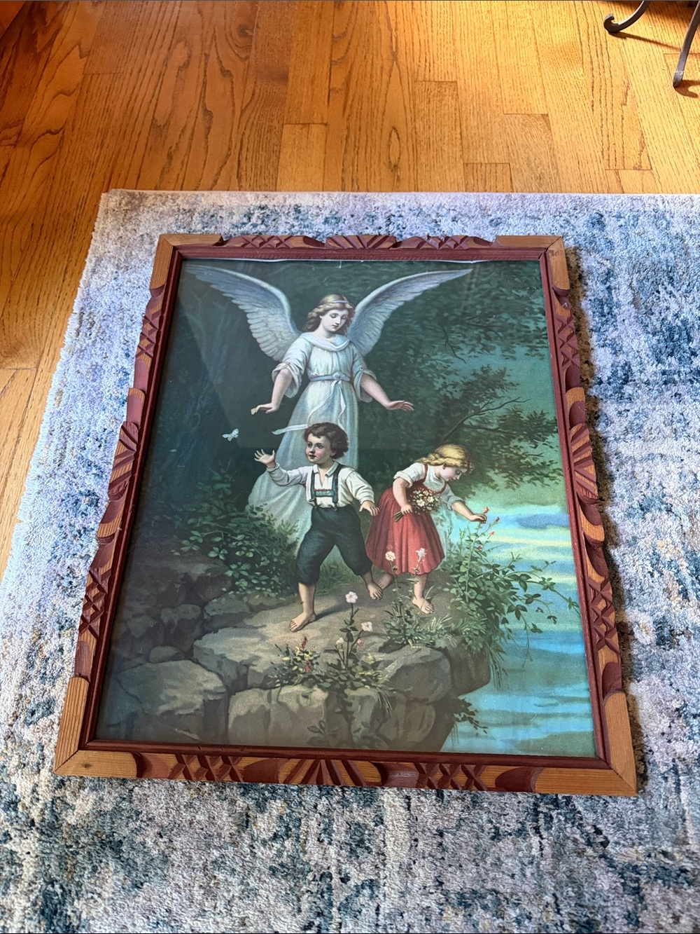 Guardian Angel Protecting Children by the Water Antique 1900 Print Wood Framed